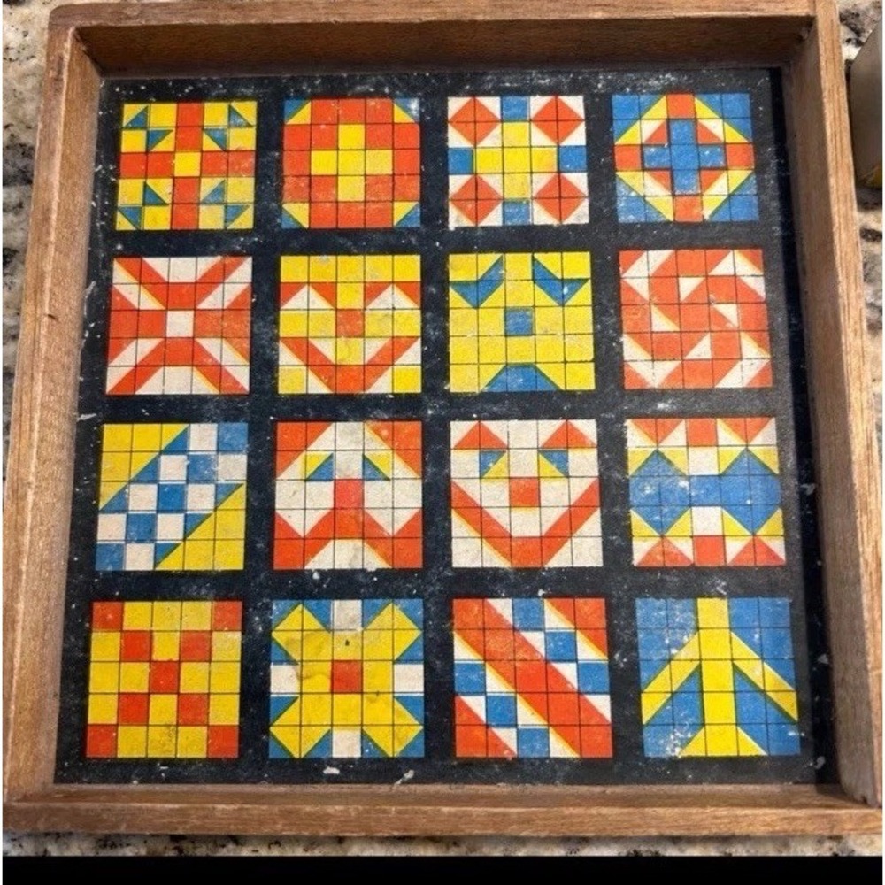 Vintage Mosaic Cube IQ Test  Blocks Wooden Frame Korea